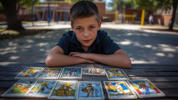 Un garçon de 11 ans tire le Tarot de Marseille dans la cour d'école