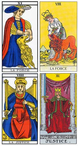 La Force et La Justice avec leur chiffre inversé dans la Ride-Waite-Smith