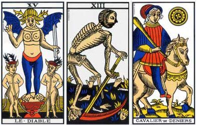 Exemple de tirage du Tarot pour le travail : Le Diable, XIII, Cavalier de Deniers