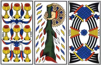 Méthode de tirage à 3 cartes au Tarot pour l'argent ou les finances : Neuf de Coupe, As de Bâton inversé, Huit d'épée